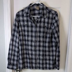 Duluth Trading Co. Navy and White Plaid  Cotton Flannel Shirt